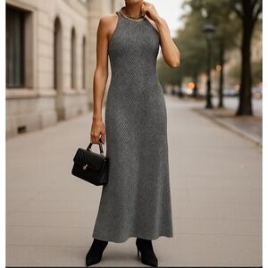 Zara Knit Women's Metallic Silver Halter Zig Zag Chevron Maxi‎ Dress Sz S